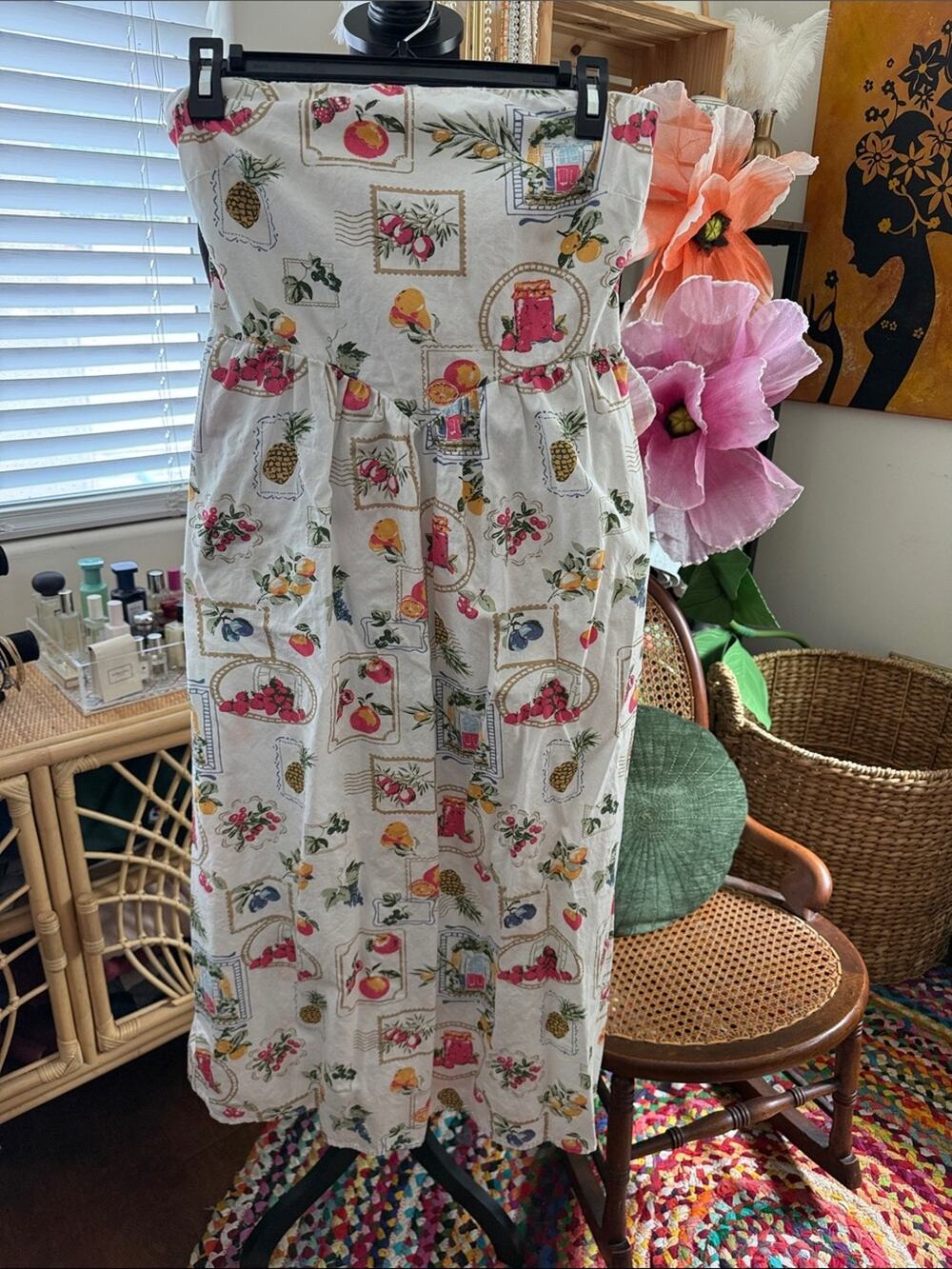 Jessica Simpson Novelty Print Fruit Jam Strapless Brunch Cottage Boho Midi Dress